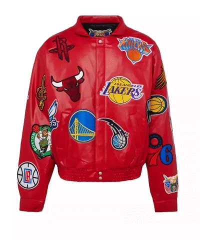 NBA Collage Red Leather Jacket