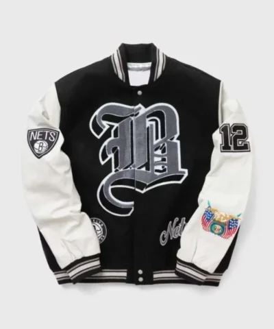 12 Brooklyn Nets Letterman Black and White WoolLeather Jacket