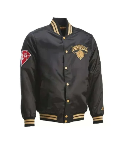 New York Knicks 75th Anniversary Varsity Full-Snap Satin Black Jacket