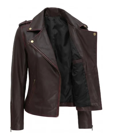 Asymmetrical Biker Brown Leather Jacket For Womens Back View