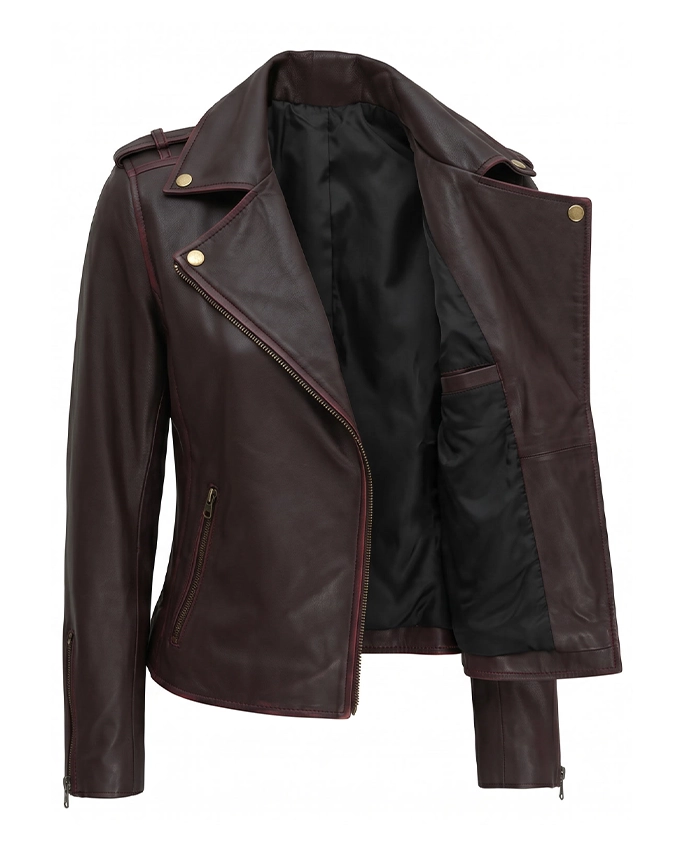 Asymmetrical Biker Brown Leather Jacket For Womens Back View