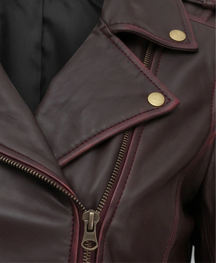Asymmetrical Biker Brown Leather Jacket For Womens Close Up Collar and Front Zip