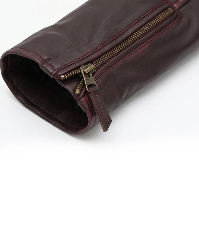Asymmetrical Biker Brown Leather Jacket For Womens Close Up Sleeve