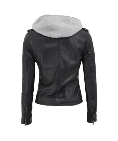 Womens Removable Hood Black Leather Jacket