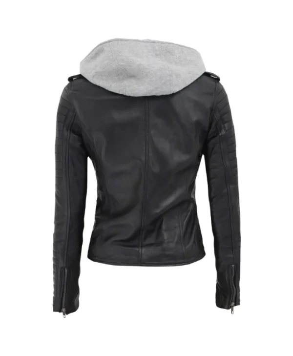 Womens Removable Hood Black Leather Jacket
