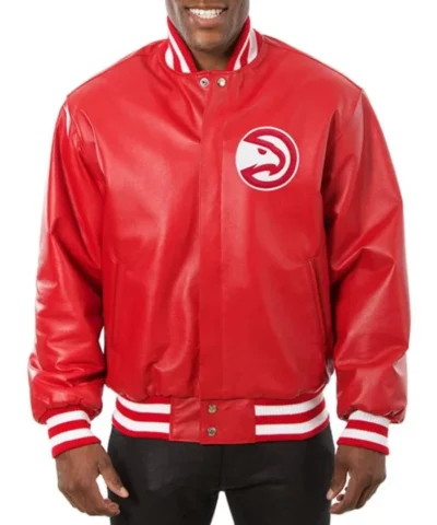 Atlanta Hawks Full-Snap Red Leather Varsity Jacket