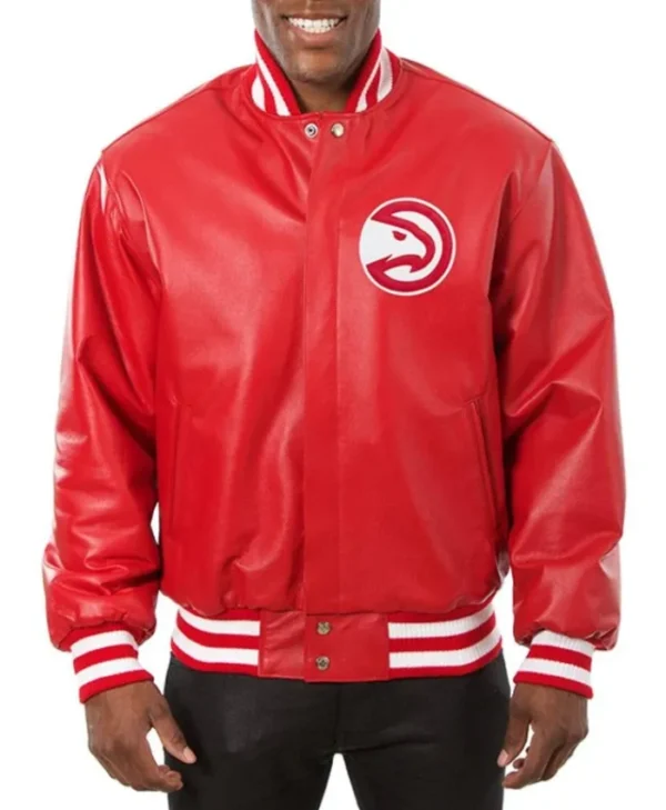 Atlanta Hawks Full-Snap Red Leather Varsity Jacket