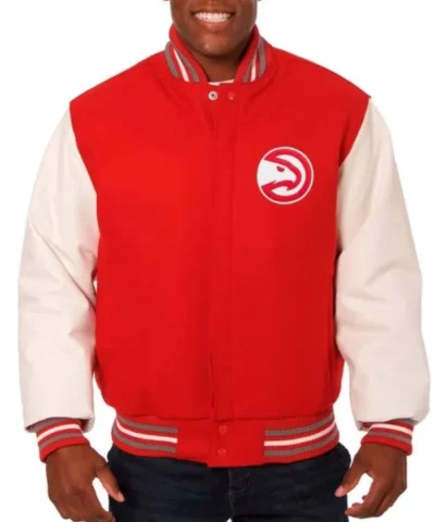 Atlanta Hawks Full-Snap Red and White WoolLeather Jacket