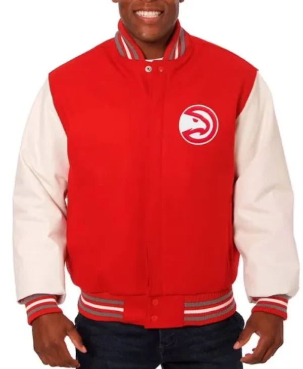 Atlanta Hawks Full-Snap Red and White WoolLeather Jacket