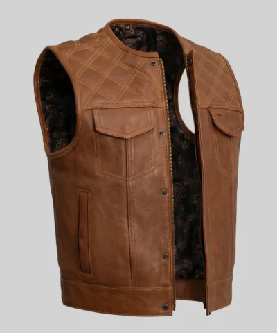 Biker Brown Quilted Leather Vest For Men