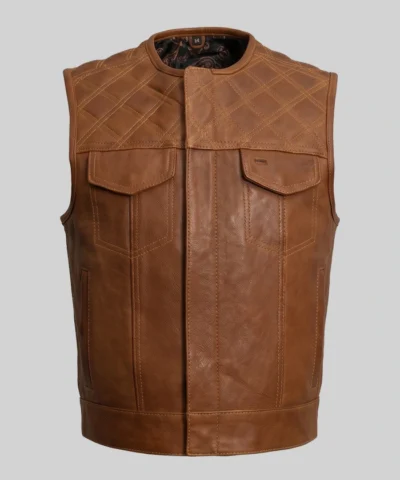 Biker Brown Quilted Leather Vest For Mens