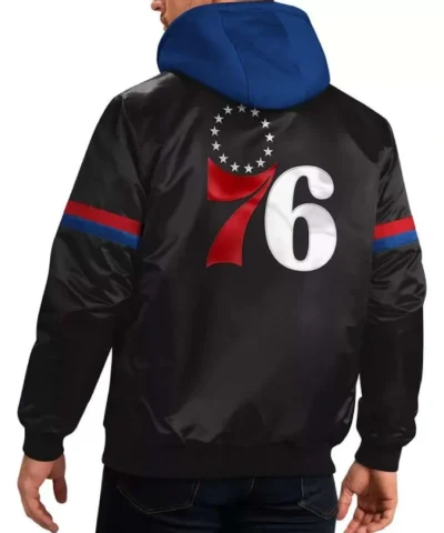 Black 75th Anniversary Philadelphia 76ers Satin Hoodie Jacket