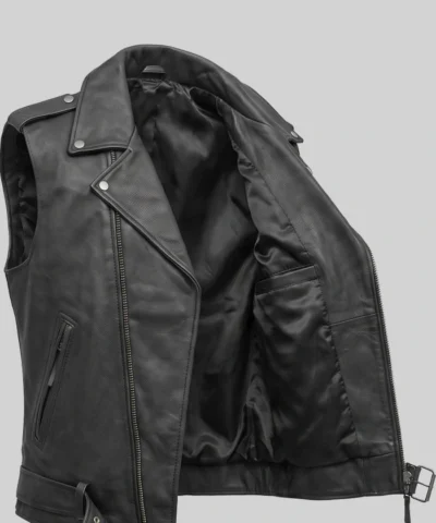 Black Asymmetrical Zipper Biker Leather Vest For Men