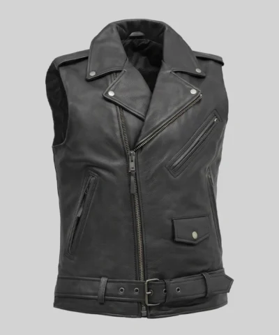 Black Asymmetrical Zipper Biker Leather Vest For Mens