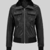 Black Bomber Leather Jacket For Womens