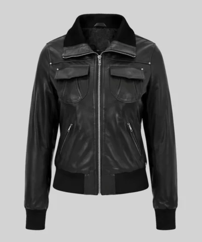 Black Bomber Leather Jacket For Womens