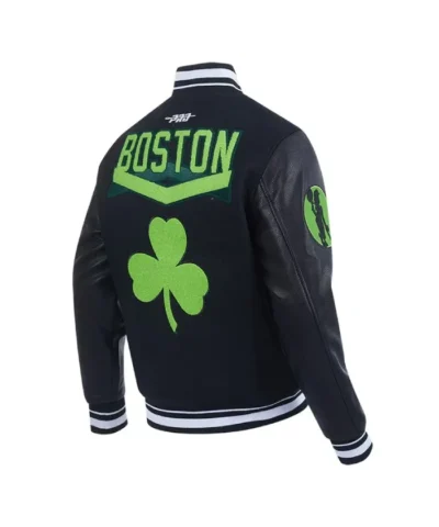 Black Boston Celtics 202425 City Edition Chenille Varsity WoolLeather Jacket