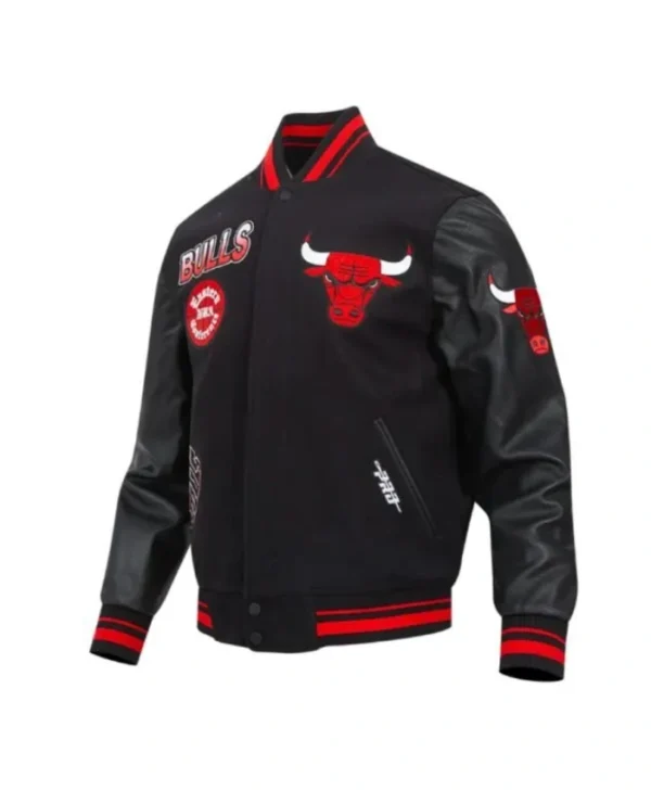 Black Chicago Bulls Turn It Up Classic Rib Varsity WoolLeather Jacket