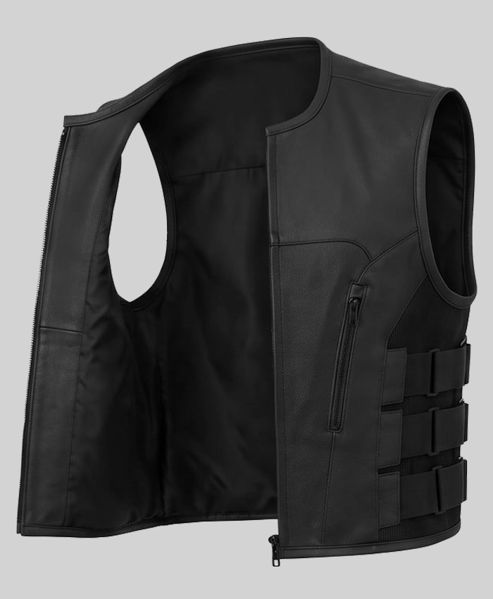 Black Cowhide Leather Biker Vest Men