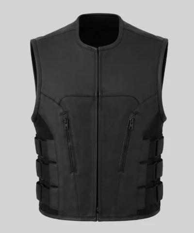 Black Cowhide Leather Biker Vest Mens
