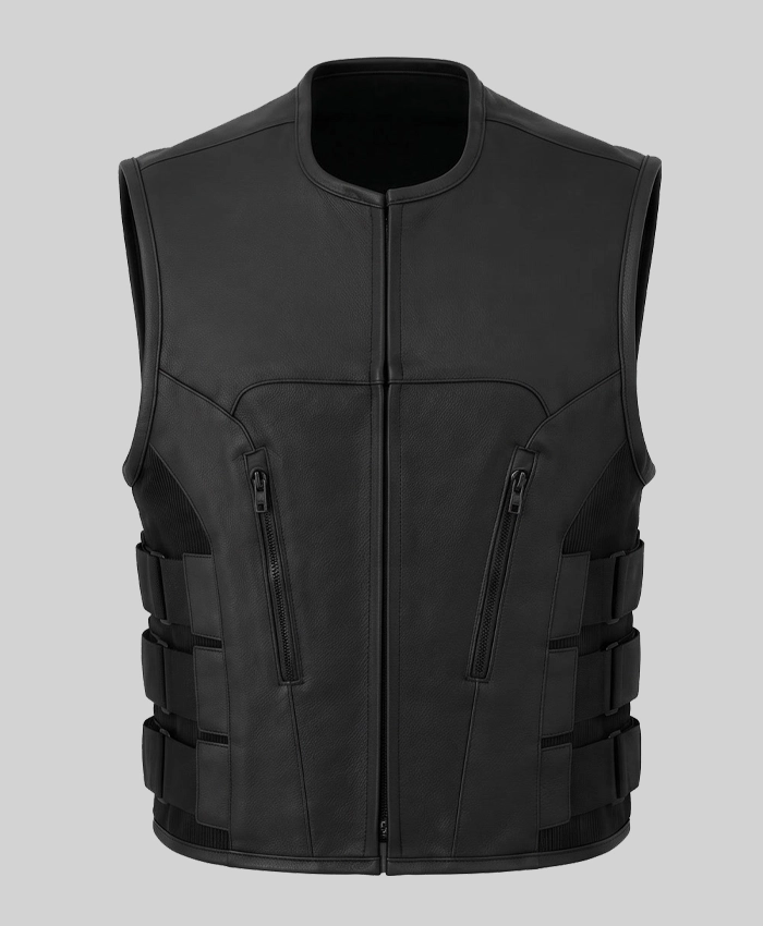 Black Cowhide Leather Biker Vest Mens