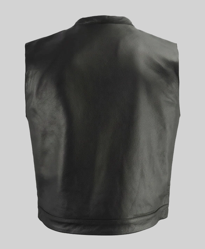 Black Flap Pocket Leather Biker Vest For Mens