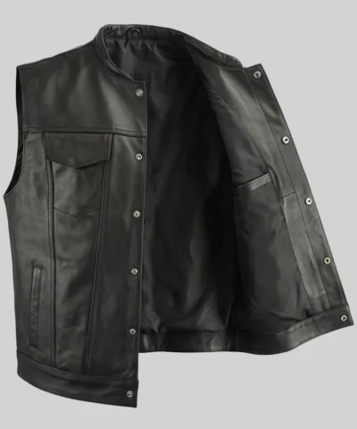 Black Flap Pocket Leather Biker Vest Men