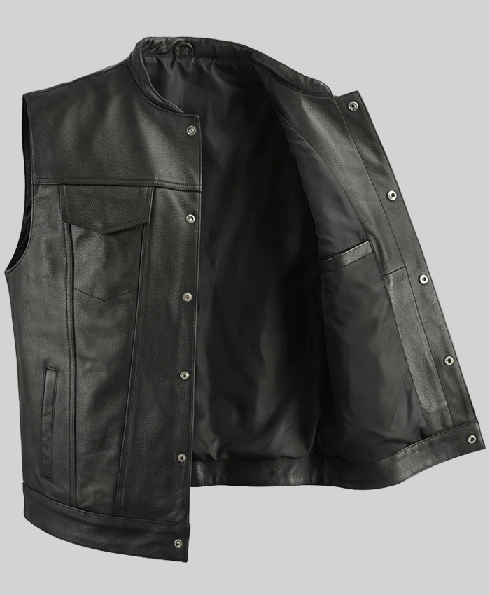 Black Flap Pocket Leather Biker Vest Men
