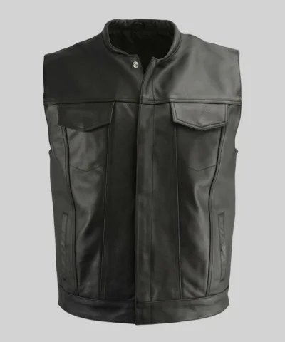 Black Flap Pocket Leather Biker Vest Mens