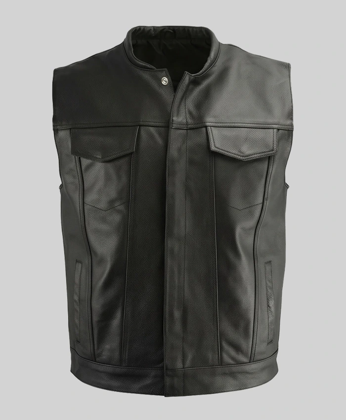 Black Flap Pocket Leather Biker Vest Mens