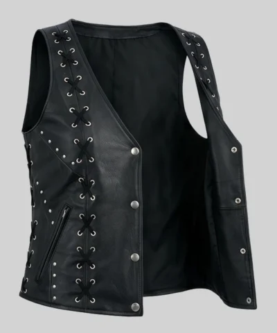 Black Lace Work Design Leather Vest For Women