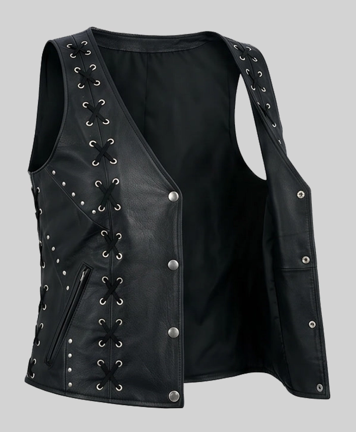 Black Lace Work Design Leather Vest For Women