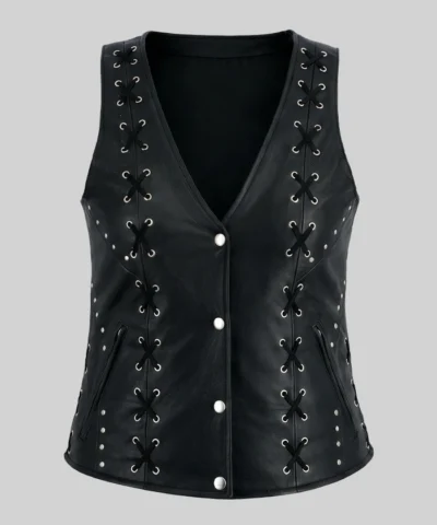Black Lace Work Design Leather Vest For Womens