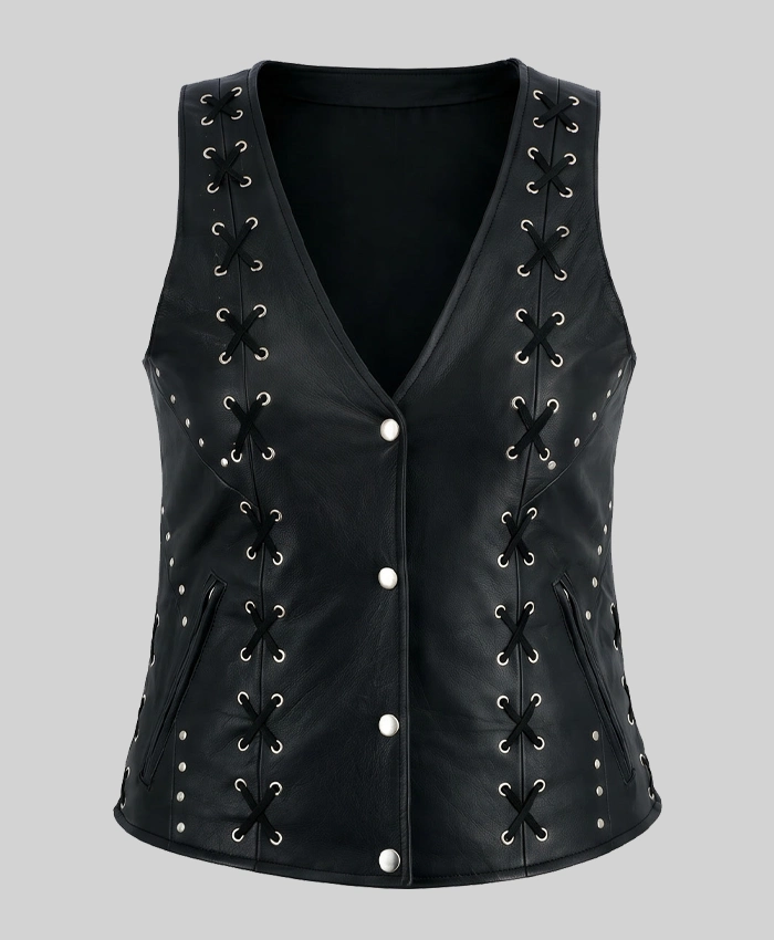 Black Lace Work Design Leather Vest For Womens