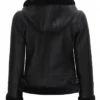 Black Leather Hooded Shearling Jacket For Womens Back View
