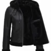 Black Leather Hooded Shearling Jacket For Womens Front View