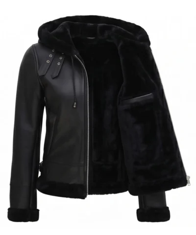 Black Leather Hooded Shearling Jacket For Womens Front View