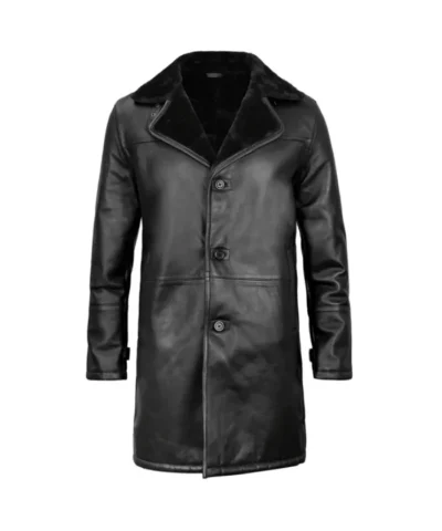 Men’s Black Leather Long Shearling Coat