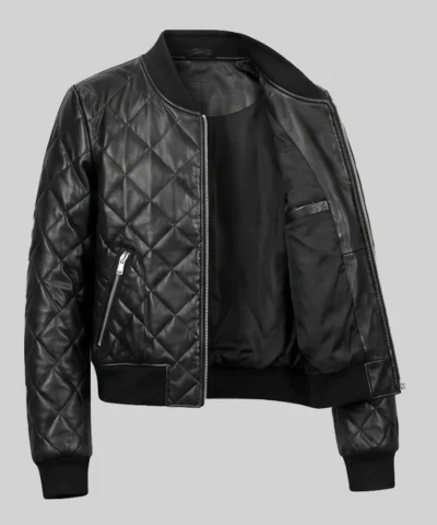 Black Leather Quilted Jacket For Women