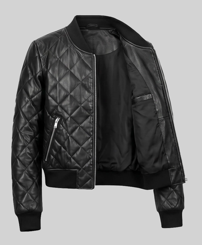 Black Leather Quilted Jacket For Women