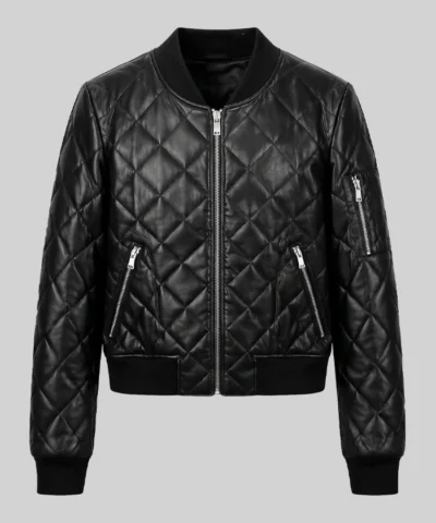 Black Leather Quilted Jacket For Womens