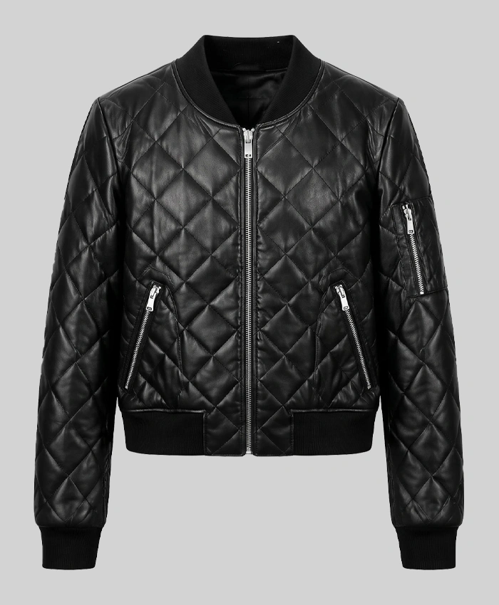 Black Leather Quilted Jacket For Womens