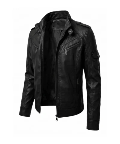 Black Men Quilted Biker Leather Jacket Slim Fit