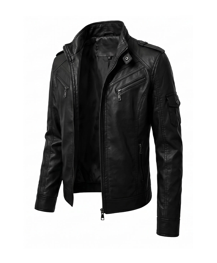 Black Men Quilted Biker Leather Jacket Slim Fit