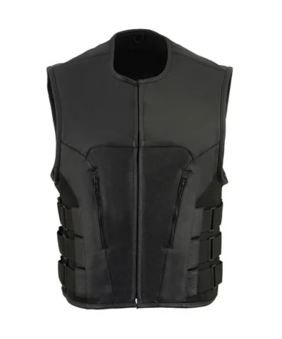 Shop Black Cowhide Leather Biker Vest For Mens