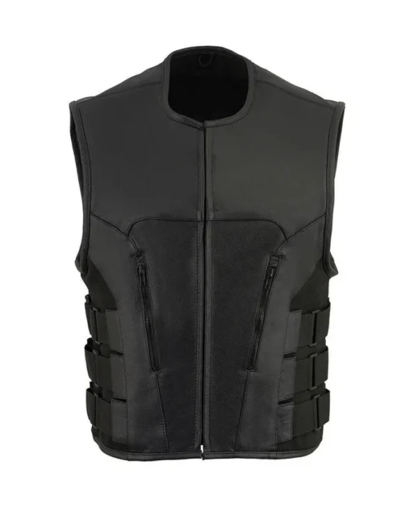 Shop Black Cowhide Leather Biker Vest For Mens