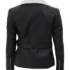 Black Shearling Belted Leather Jacket For Women Back View