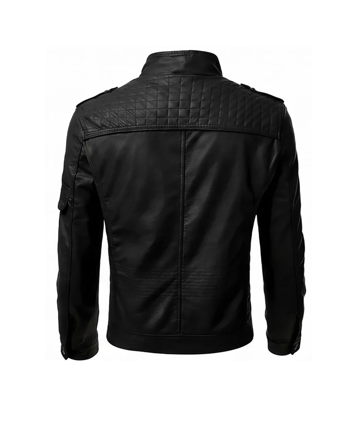 Black Slim Fit Men Quilted Biker Leather Jacket Back View