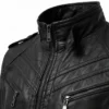 Black Slim Fit Men Quilted Biker Leather Jacket Collar Close Up