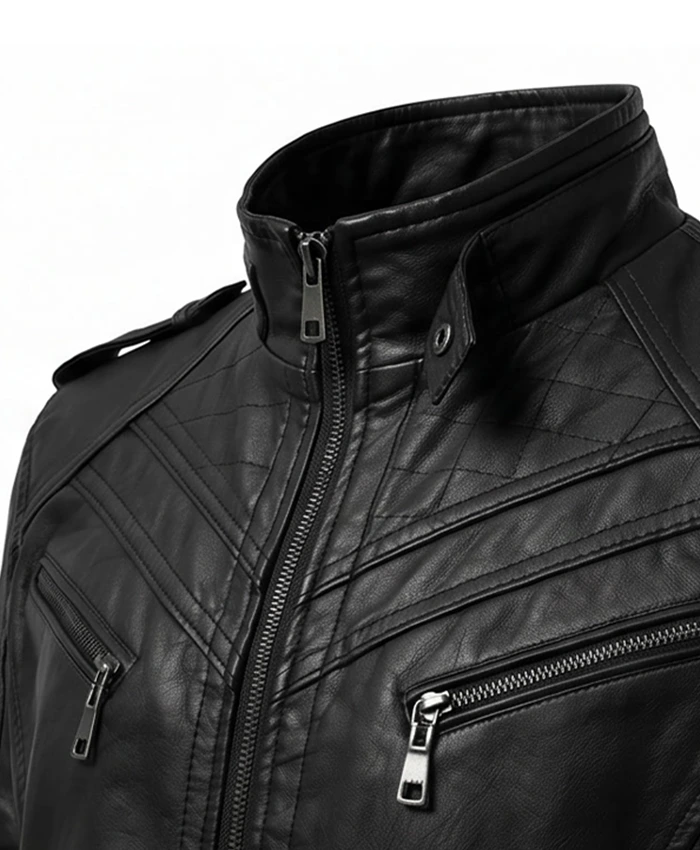 Black Slim Fit Men Quilted Biker Leather Jacket Collar Close Up